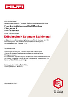 HILTI Dübelschulung Zertifikat 04.2022